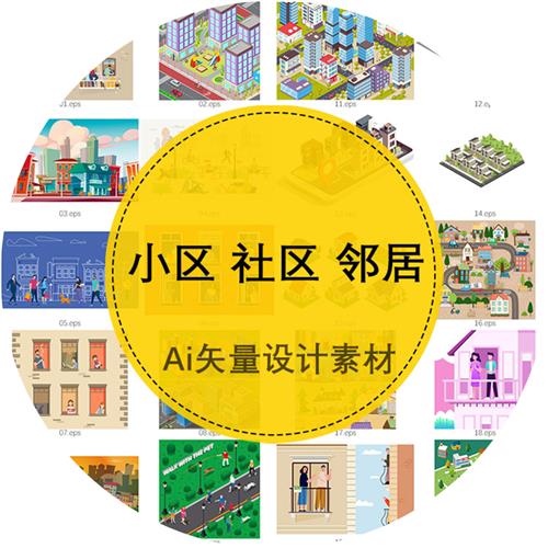卡通手绘小区社区别墅邻居遛狗户外2.5d居民楼ai矢量图形设计素材