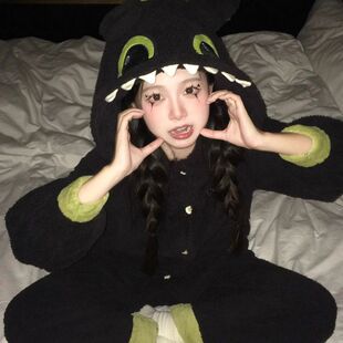 可爱无牙仔连帽珊瑚绒睡衣女冬季套装加绒加厚清新少女家居服外穿