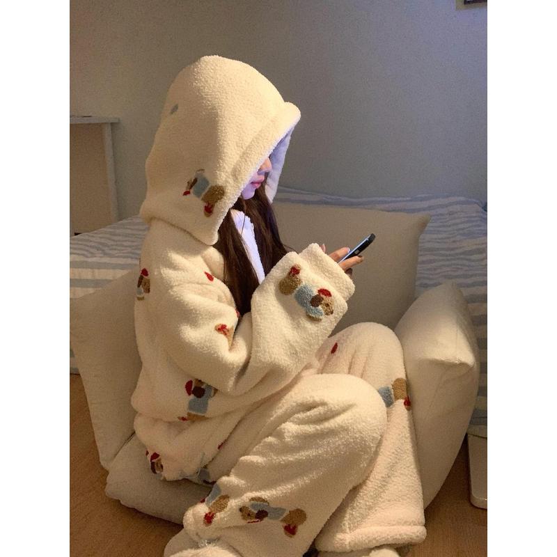 可爱卡通动物腊肠狗珊瑚绒可外穿睡衣女秋冬季新款加厚家居服套装