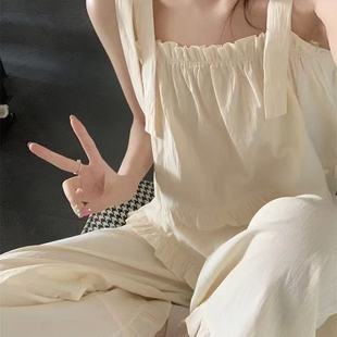 学生外穿家居服套装 慵懒风甜美奶油杏简约睡衣女夏季 长裤 薄款 短袖