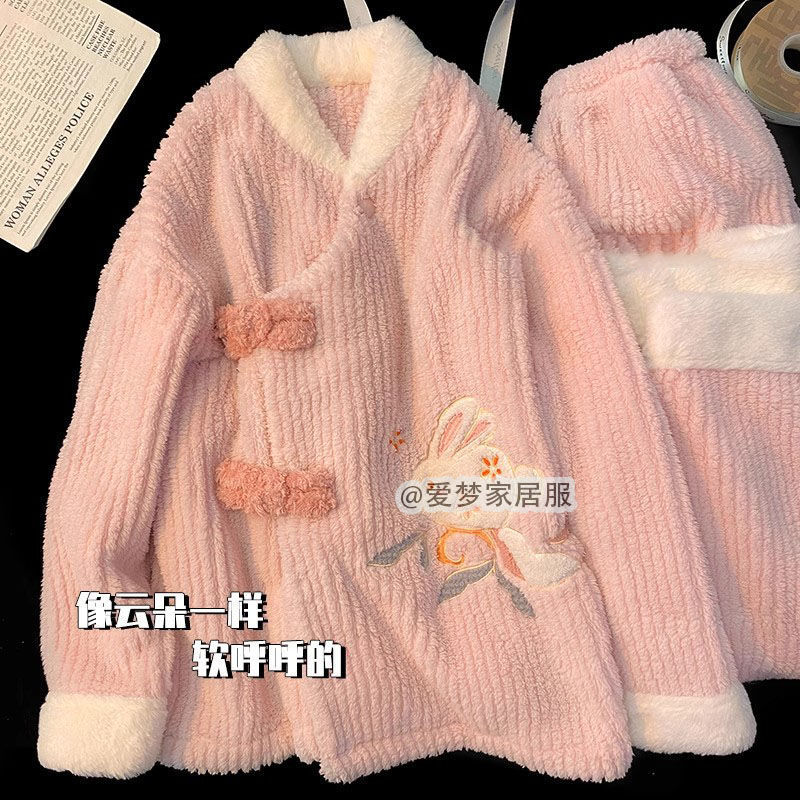 2025新款珊瑚绒睡衣女秋冬季加绒加厚卡通可爱兔子少女家居服套装