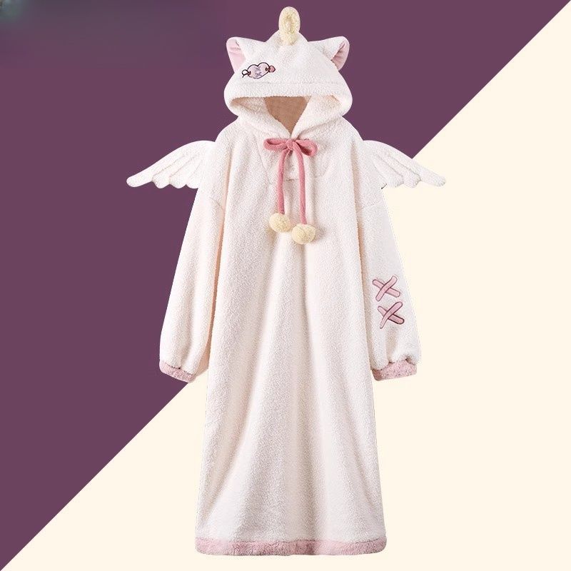 冬季可爱连帽珊瑚绒睡衣女秋冬款2025新款加厚睡袍家居服长款睡裙