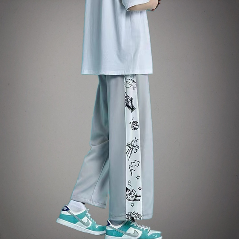 拼接图案春秋裤子男夏季ins宽松束脚潮流阔腿薄款运动休闲九分裤
