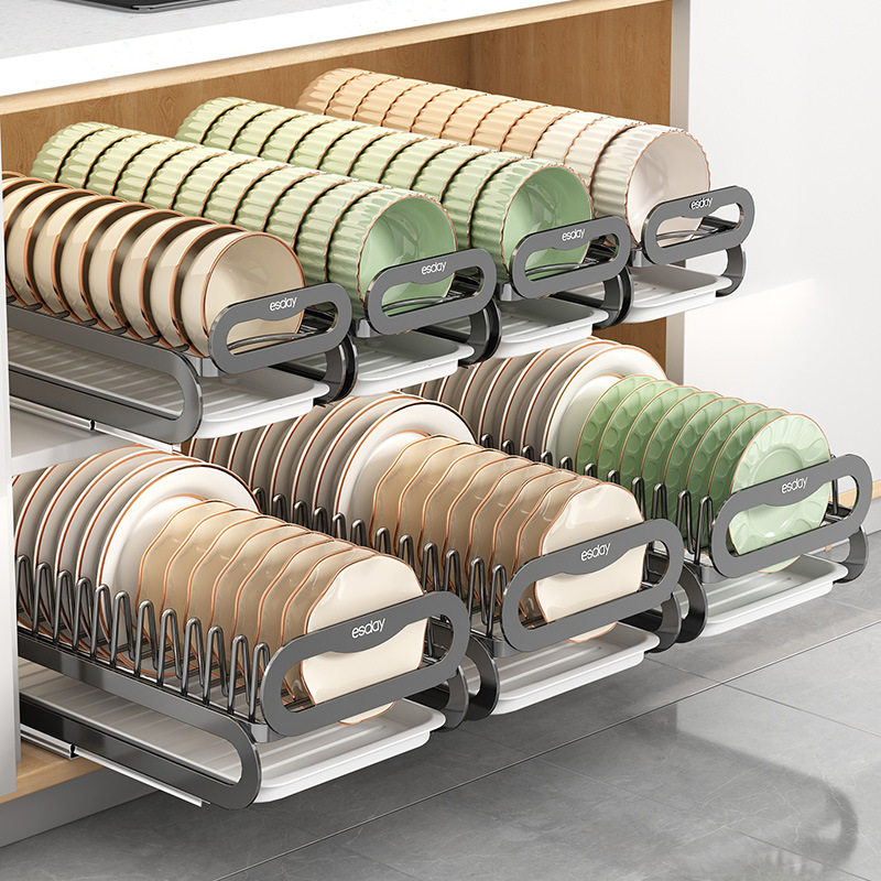 厨房抽拉式碗碟收纳架橱柜内双层碗架拉篮碗盘置物架沥水架,厨房/烹饪用具,碗架,淘宝优惠券,粉丝福利购,淘宝优惠卷