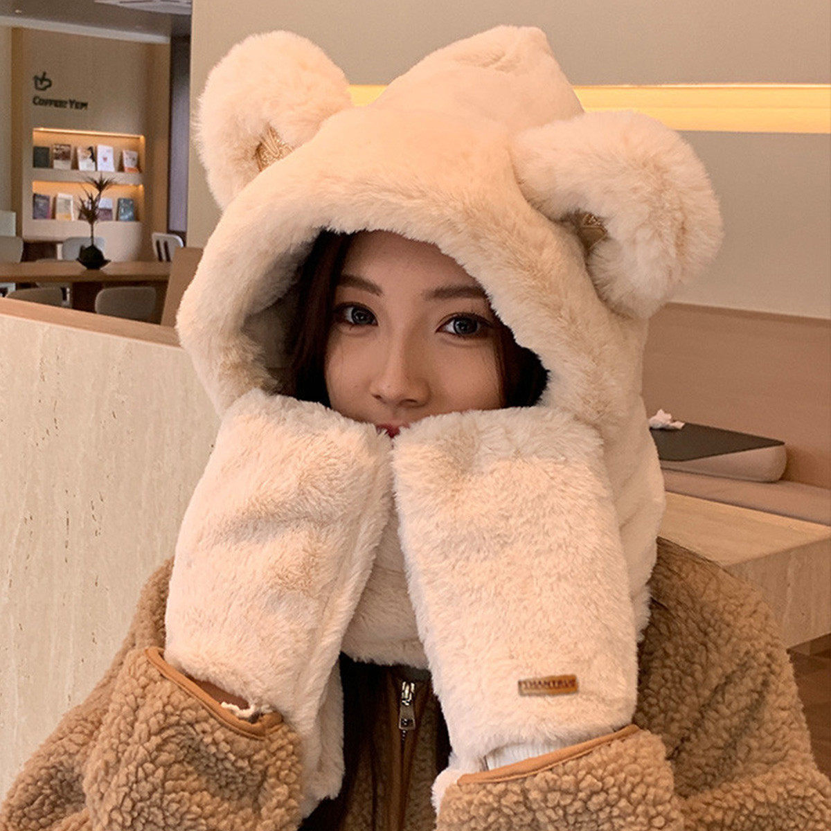 真享帽子女2023新款秋冬季小熊帽子时尚一体套装保暖加厚加绒围脖