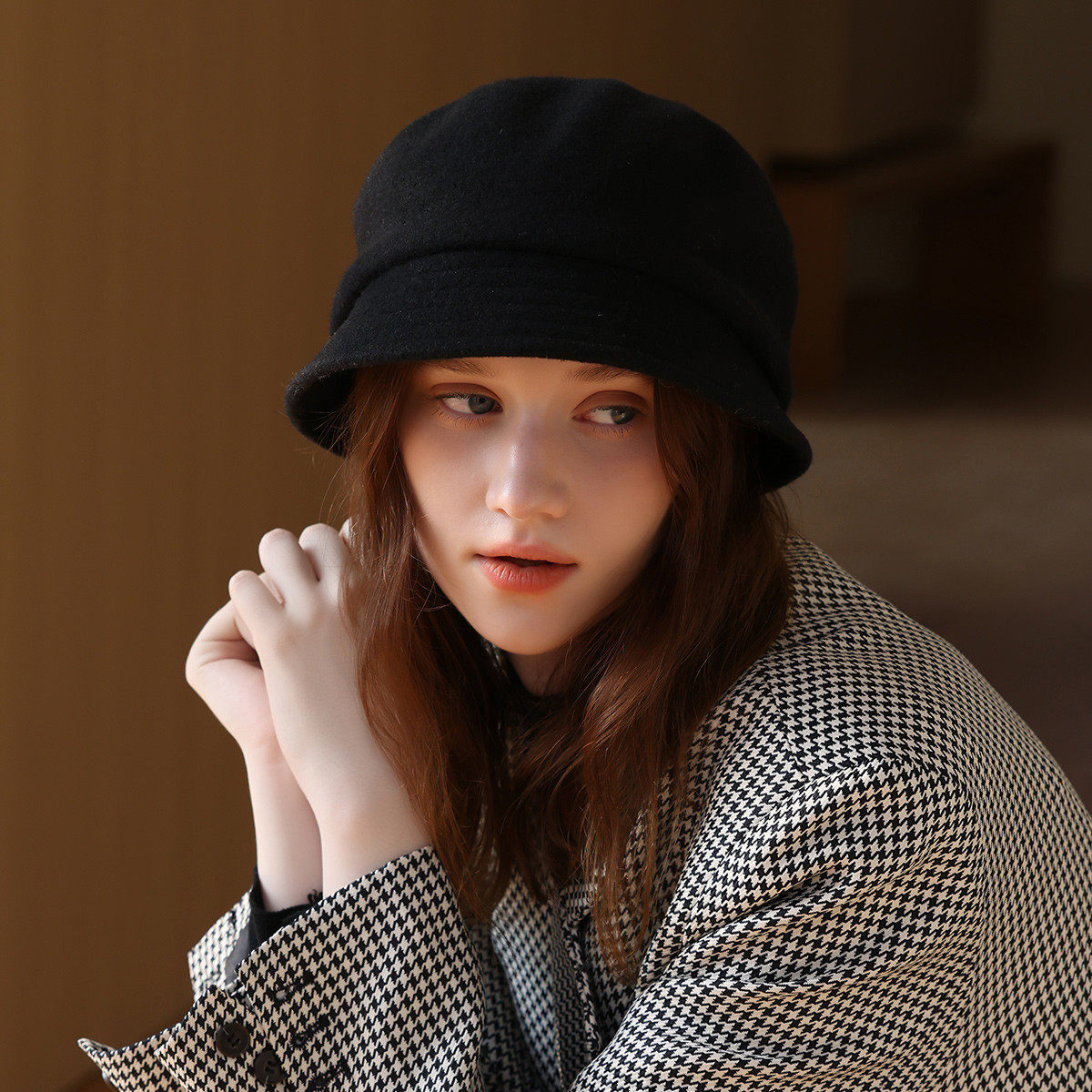 【真享正品】100%羊毛帽子女2023新款秋冬毛呢保暖简约盆帽渔夫帽