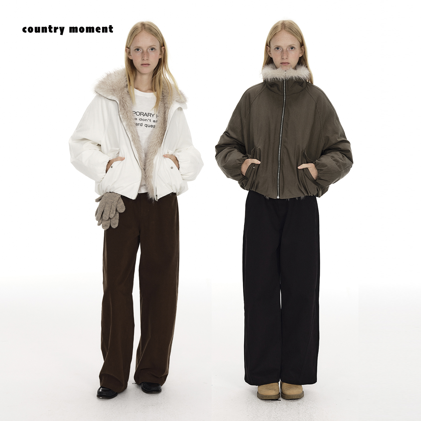 CountryMoment 90白鸭绒毛领羽绒服女冬保暖短款外套立领宽松夹克