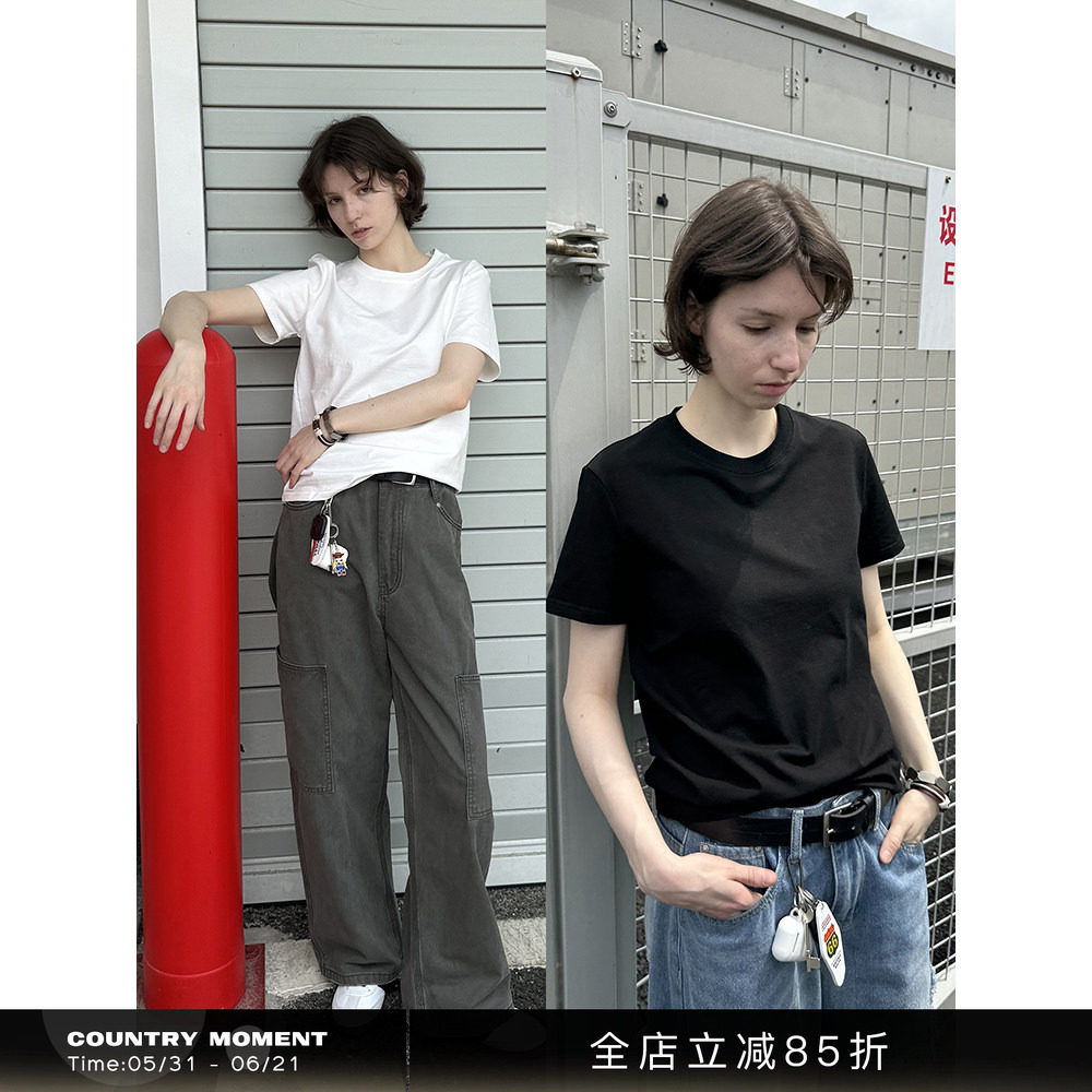 CountryMoment 夏季纯色修身正肩短袖T恤男女Cleanfit短款打底衫