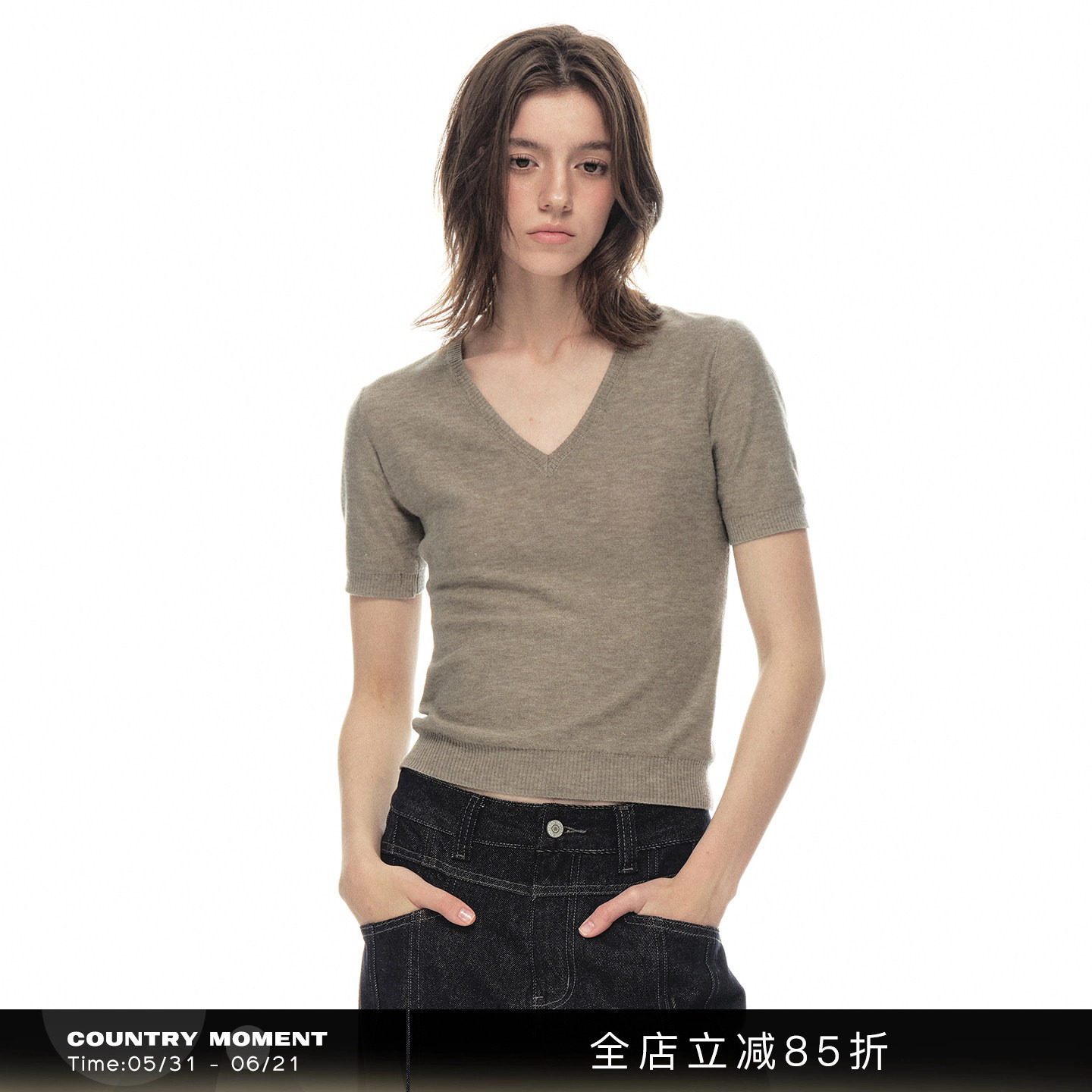 CountryMoment 桑蚕丝羊毛混纺轻薄透气紧身V领短袖T恤女针织上衣