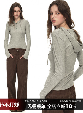 CountryMoment亨利领正肩连帽长袖T恤女春秋修身显瘦内搭打底上衣