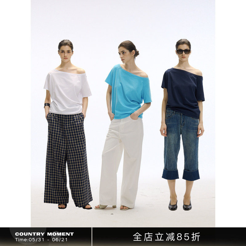 CountryMoment一字肩慵懒风露肩纯色T恤女设计感美式斜肩短袖纯棉