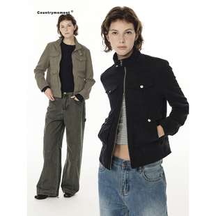 CountryMoment全棉水洗做旧工装 机车外套 立领夹克女春秋挺阔短款