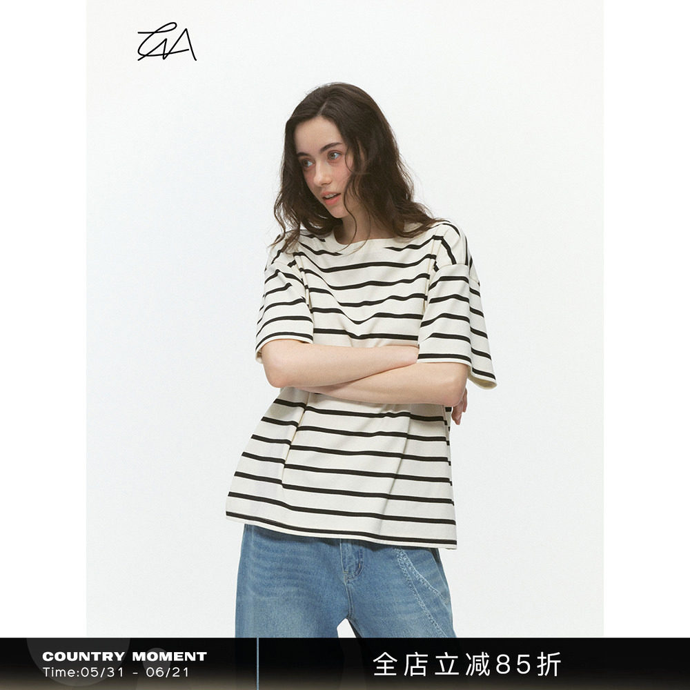 CountryMoment 250G重磅黑白条纹短袖男夏美式宽松复古T恤女体恤