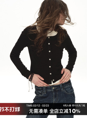 CountryMoment圆领短款长袖针织T恤春秋季开衫毛衣女修身显瘦上衣