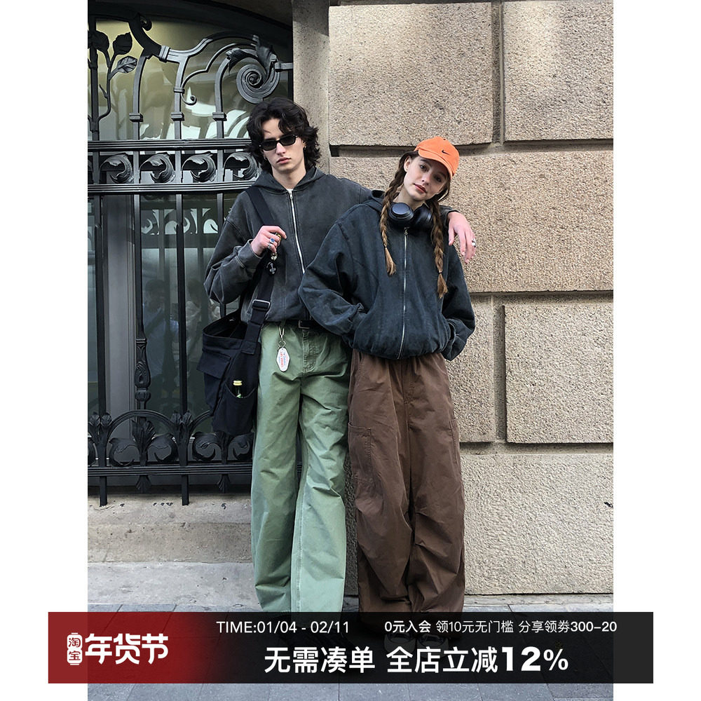 CountryMoment 400G重磅砂洗做旧Cleanfit短款开衫连帽卫衣男女