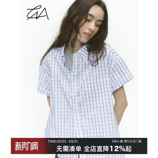 男女宽松短袖 复古蓝色格纹衬衫 cleanfit衬衣夏 美式 CountryMoment