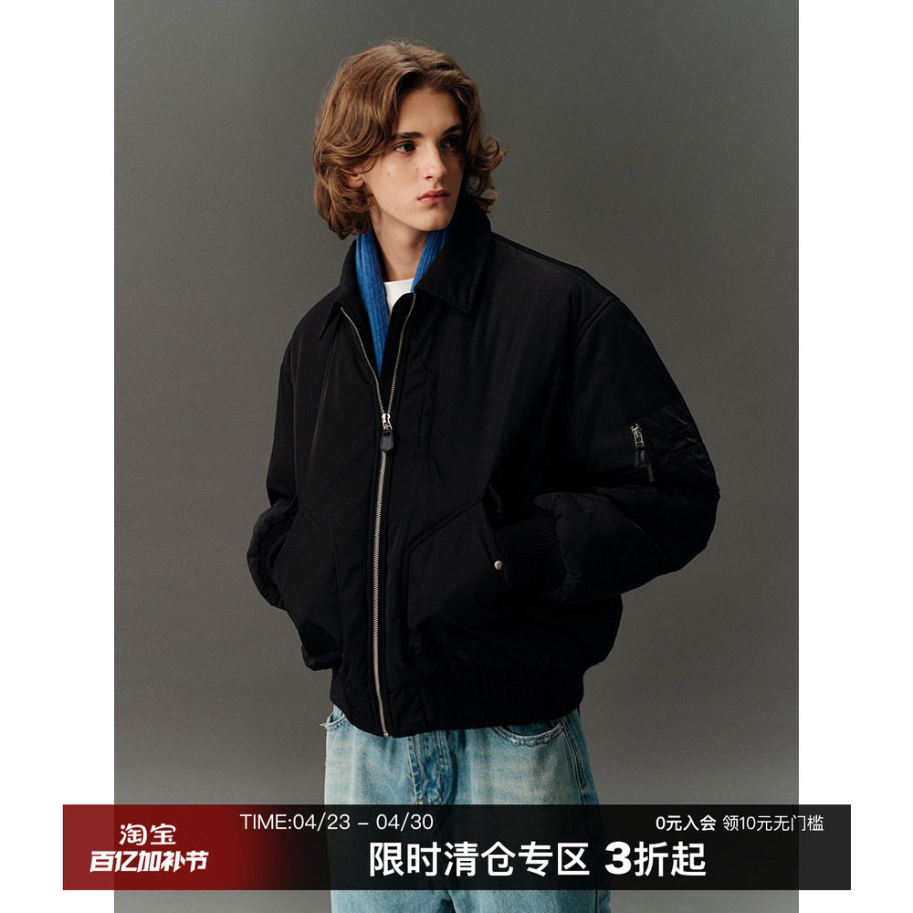 CountryMoment 冬季美式黑色翻领飞行员夹克棉服外套男女Cleanfit