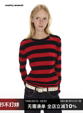 CountryMoment羊毛混纺经典条纹针织衫女外套秋毛线上衣2025新款