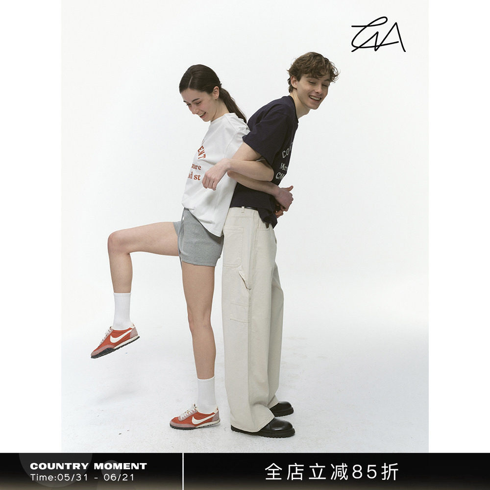 CountryMoment 亲肤磨毛纯棉短袖女美式复古印花T恤男夏宽松体恤