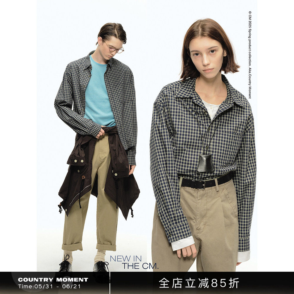 CountryMoment 春季复古短款格子长袖衬衫男女Cleanfit休闲衬衣