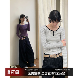 秋内搭上衣 T恤女2025新款 CountryMoment亨利领细条纹修身 显瘦长袖