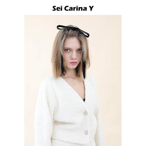 Sei Carina Y丝绒圆钻飘带发夹蝴蝶结女小香风新款发饰高级感时尚