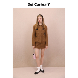上衣短裙秋冬修身 Y多口袋蝴蝶结毛呢套装 百搭外套裙子 Carina Sei