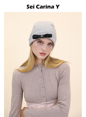 【林小宅同款】Sei Carina Y灰色织带蝴蝶结logo毛线帽子百搭冷帽