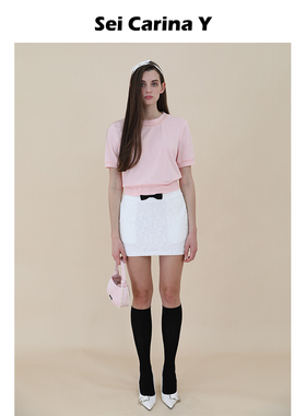 Sei Carina Y串珠装饰短款针织上衣女夏季圆领T恤短袖简约显瘦款