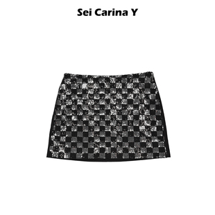 Sei Carina Y双面拼接棋盘格半身裙女短裙修身 亮片百搭春夏新款