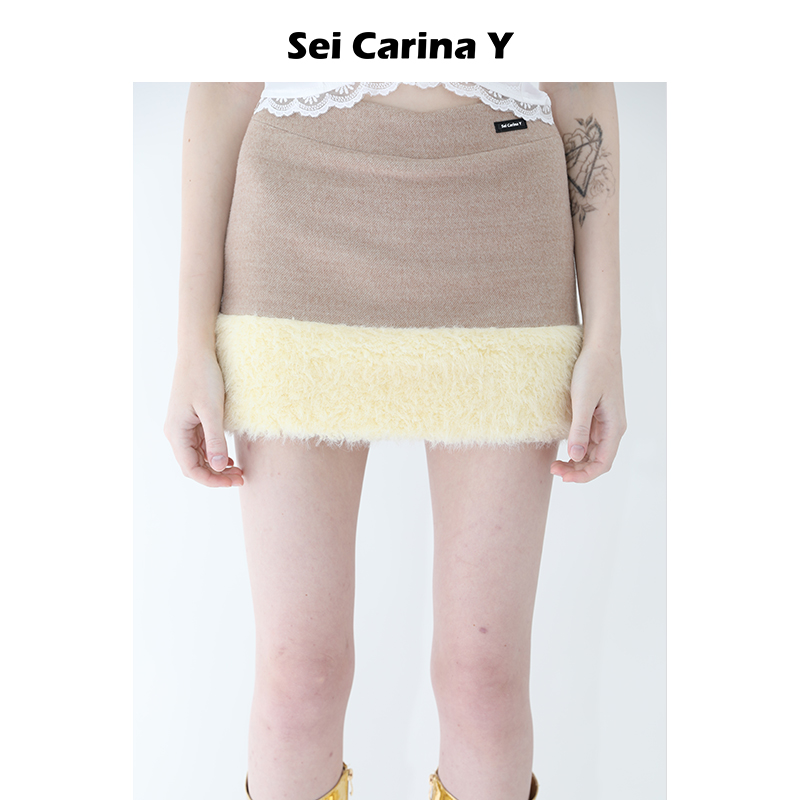 [7折]Sei Carina Y毛毛撞色拼接毛呢A字裙短裙半身裙女秋冬新款