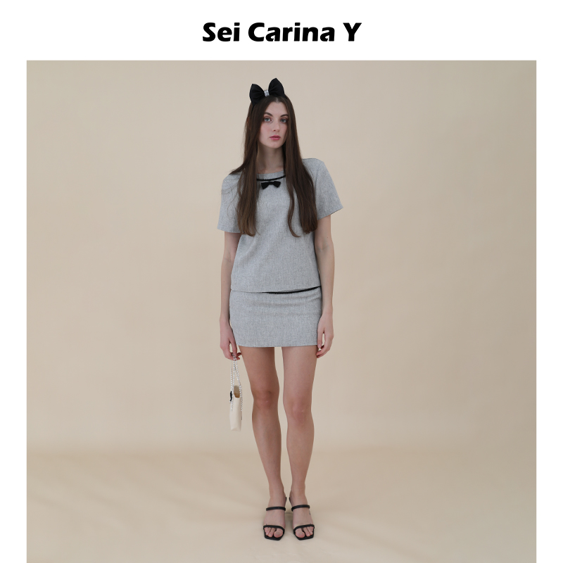 SeiCarinaY串珠装饰斜纹短袖