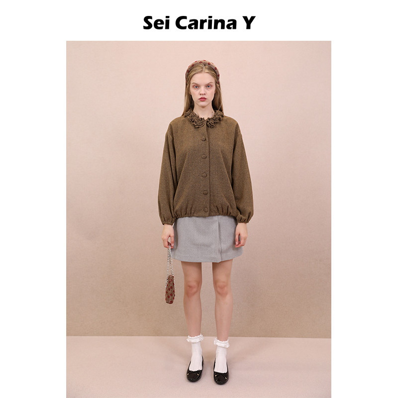 Sei Carina Y花朵褶皱夹克上衣外套女甜美时尚百搭宽松秋冬新款,女装/女士精品,短外套,淘宝优惠券,粉丝福利购,淘宝优惠卷