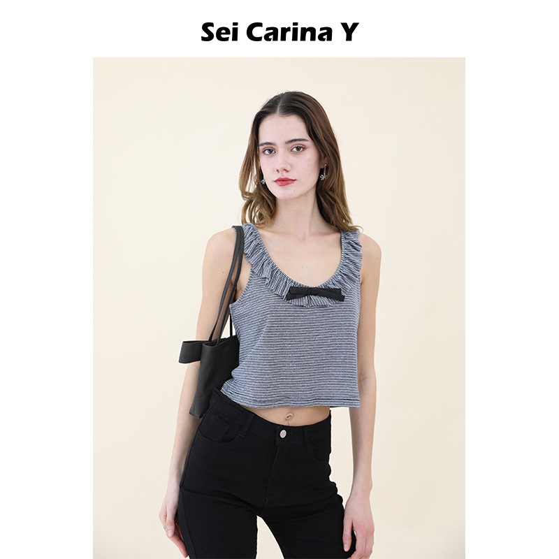 Sei Carina Y条纹花边上衣背心女宽松吊带木耳边蝴蝶结可爱时尚