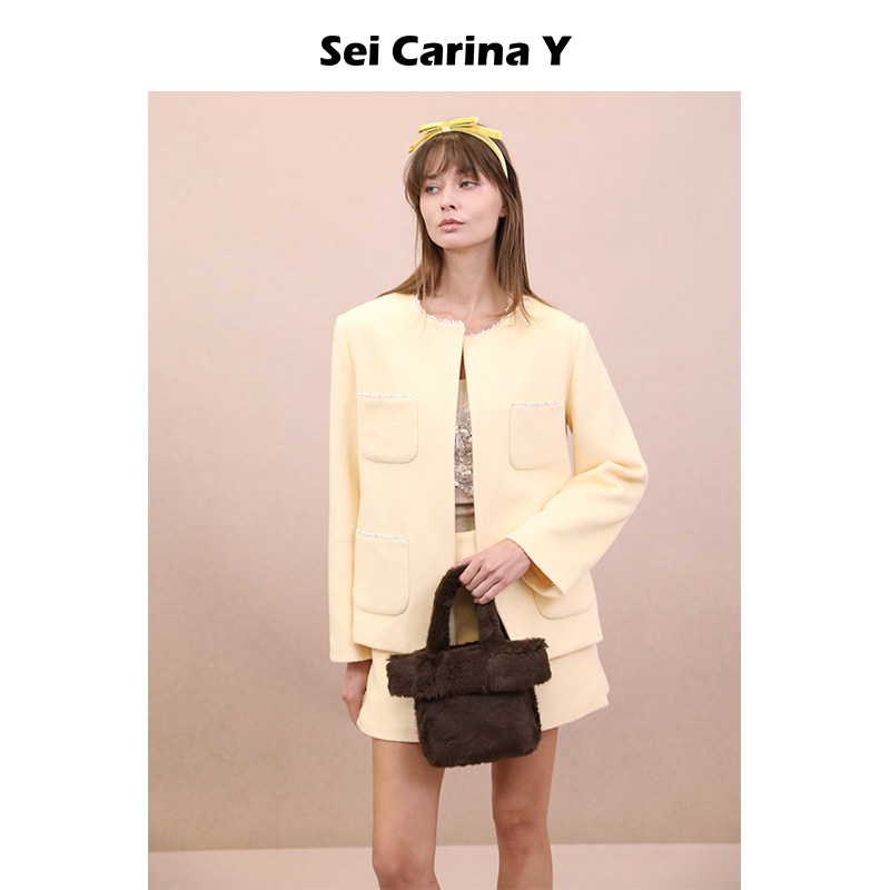 Sei Carina Y套装毛呢口袋花边外套女气质优雅修身上衣秋冬新款