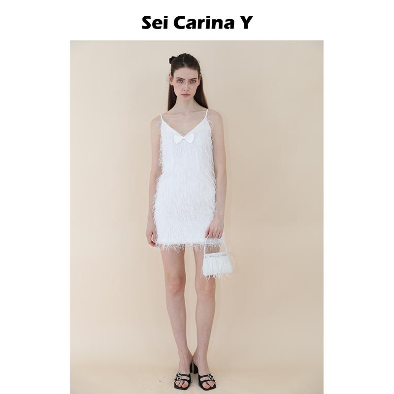 [5折]Sei Carina Y流苏缎面吊带连衣裙V领高级感性感修身裙子女