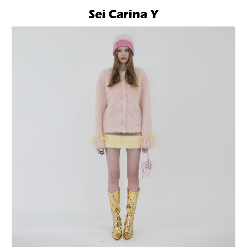 SCY羽毛撞色长毛绒上衣外套