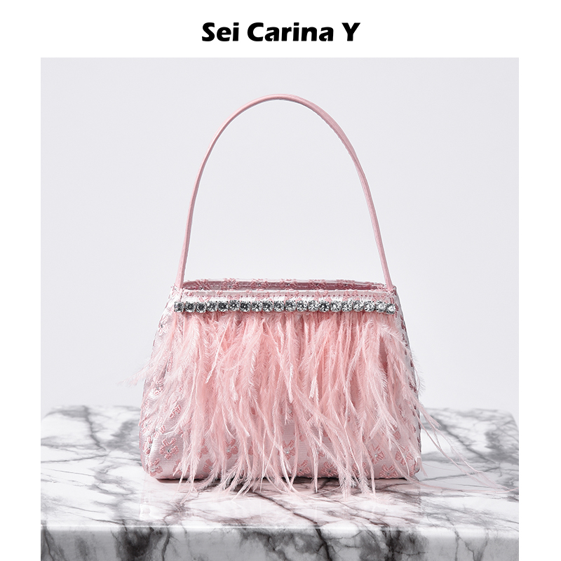 小碎花钻链羽毛小手提包女