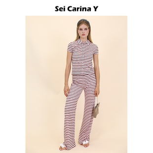短袖 上衣女长裤 裤 Carina 子 秋冬新款 Y条纹开衫 百搭修身 Sei 套装