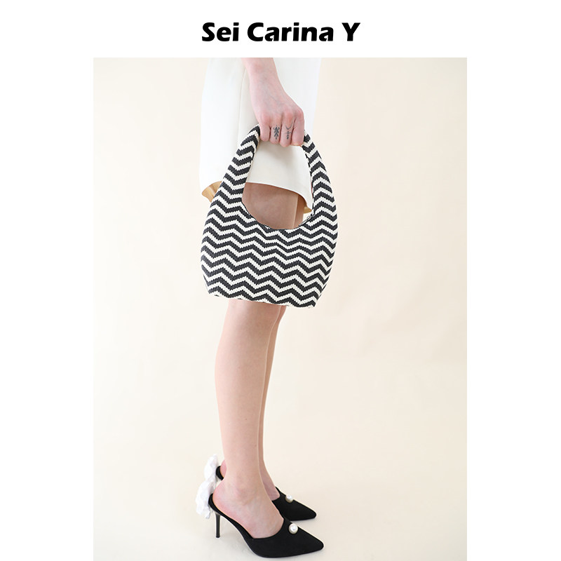 Sei Carina Y水波纹草编手提包女斑马黑白条纹可爱手拎包时尚百搭