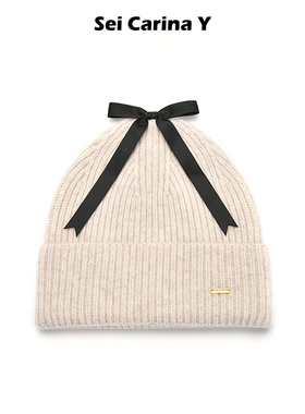Sei Carina Y金属标蝴蝶结装饰毛线帽甜美可爱帽子冬季冷帽针织帽