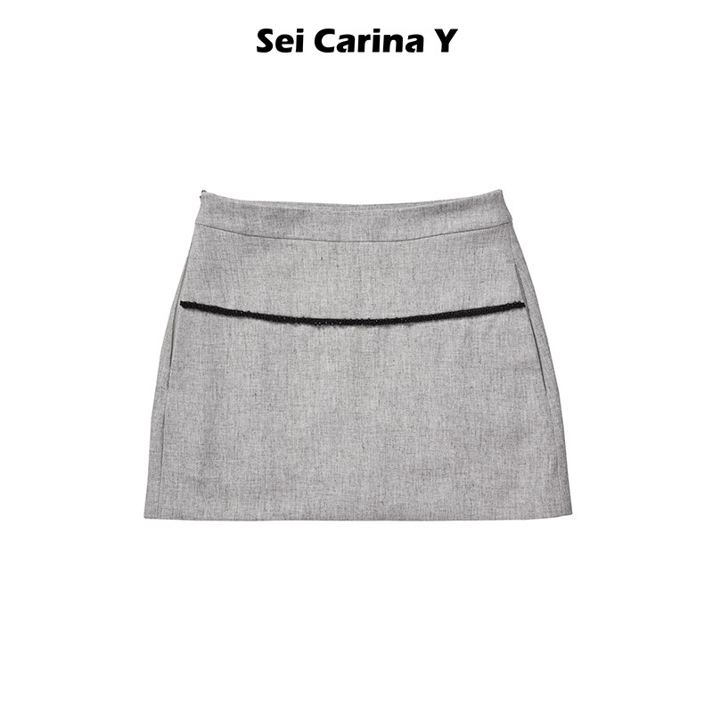 Sei Carina Y串珠装饰斜纹半身裙女夏季商务风包臀裙短裙修身短款