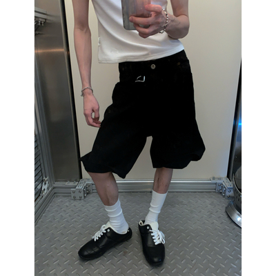 阿荒与阿卤美式复古新款黑色休闲五分裤宽松百搭牛仔短裤直筒显瘦