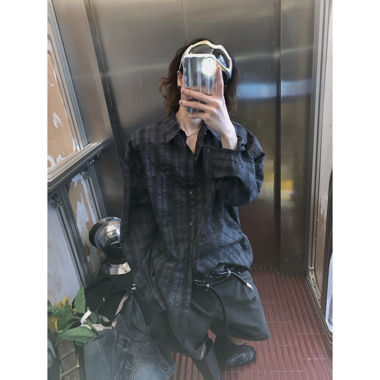 阿荒与阿卤*美式做旧格纹浮粒纹理感宽松外套休闲男复古长袖衬衫