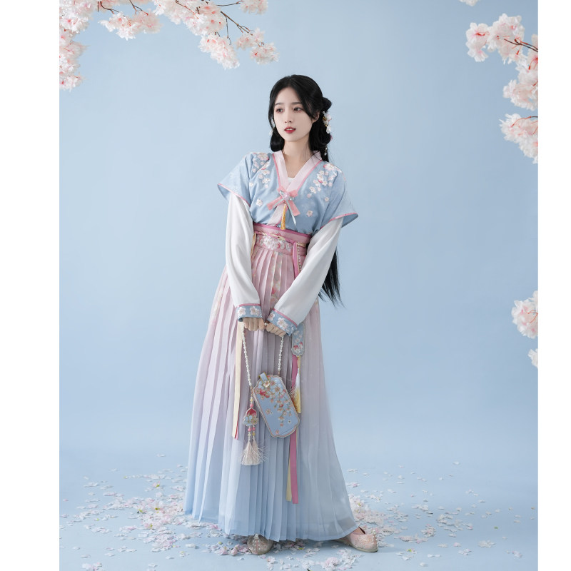 静还决 小桃枝 唐制原创汉服唐褙子圆领衫褶裙齐腰裙半臂显瘦日常