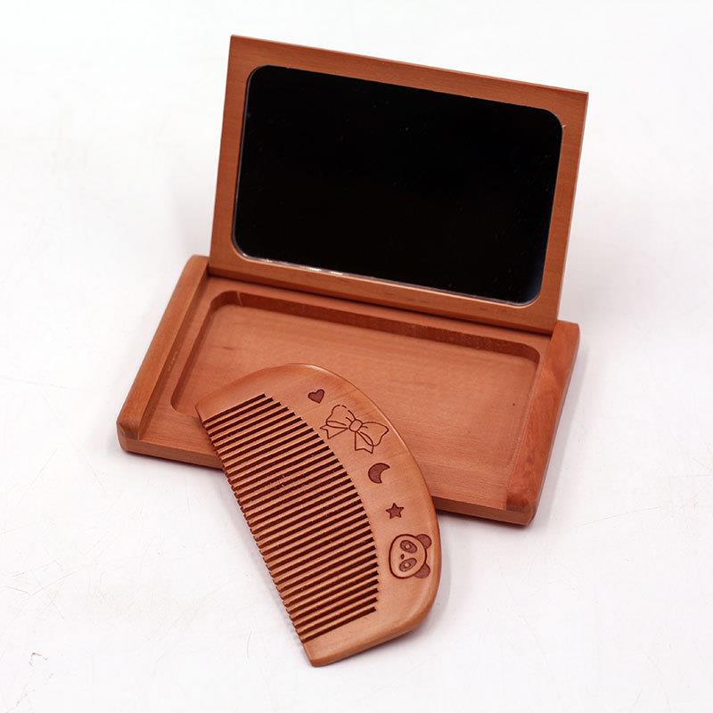 随身梳子镜子二合一新款木质半月形折叠小镜子 可携式女士带梳子