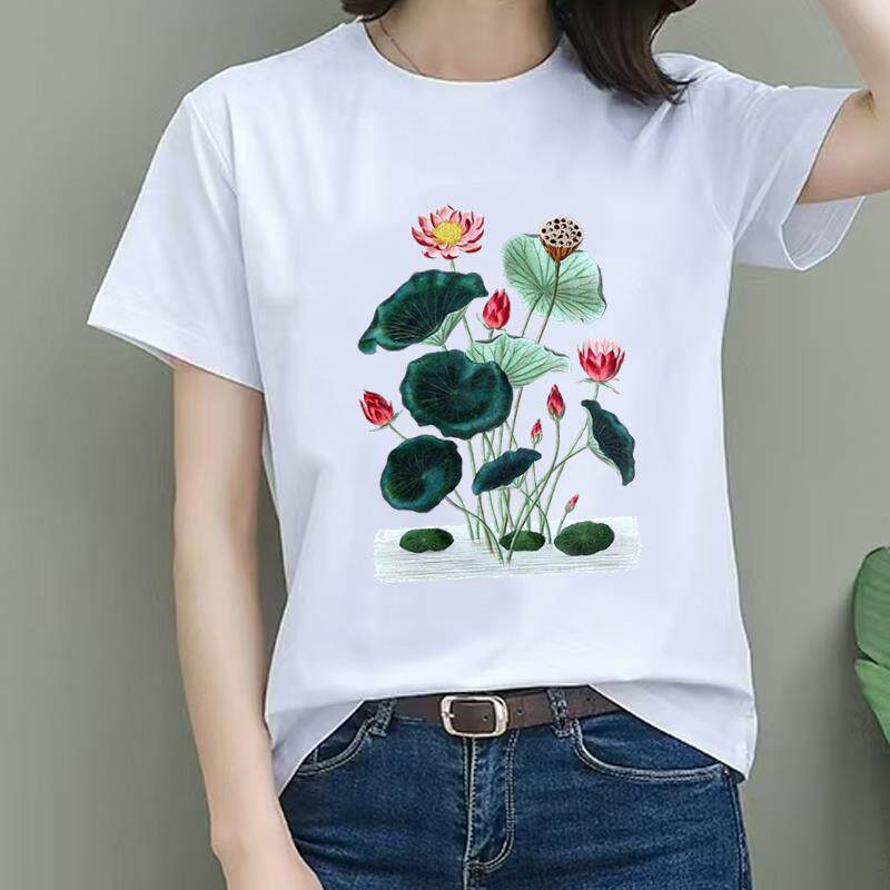 印花上衣洋气可爱通勤洋气荷花花卉INS爆款休闲通勤女圆领短袖T恤