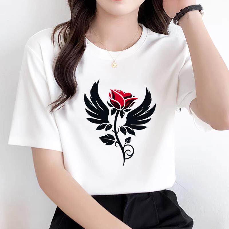 通勤洋气印花网红爆款INS爆款休闲通勤复古花卉上衣女圆领短袖T恤