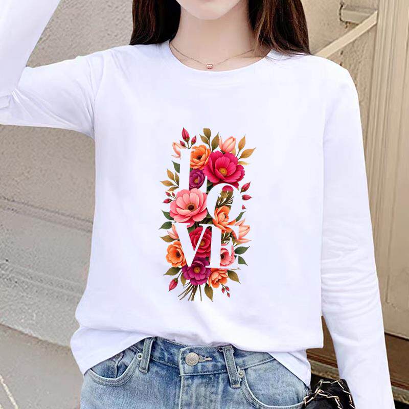 新款爆款圆领印花休闲通勤洋气女秋冬春季可爱外穿网红ins长袖T恤