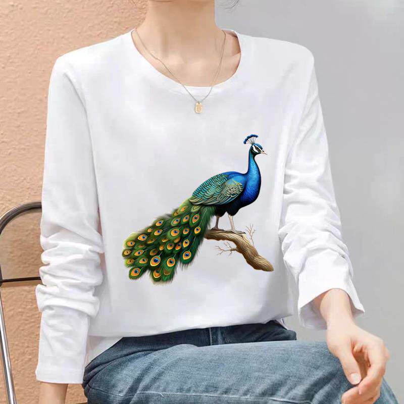 女印花外穿休闲时尚个性花鸟新款通勤流行网红爆款圆领长袖T恤